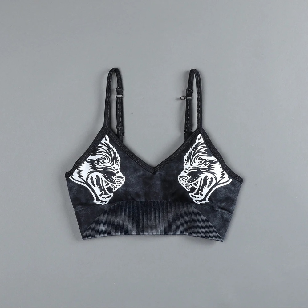 Darc Sport Black Sports Bra with White Wolf Graphic
